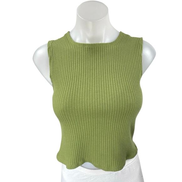 Reformation Carlota Green Ribbed Knit Sleeveless High Neck Tank Crop Top Size L - Picture 1 of 4